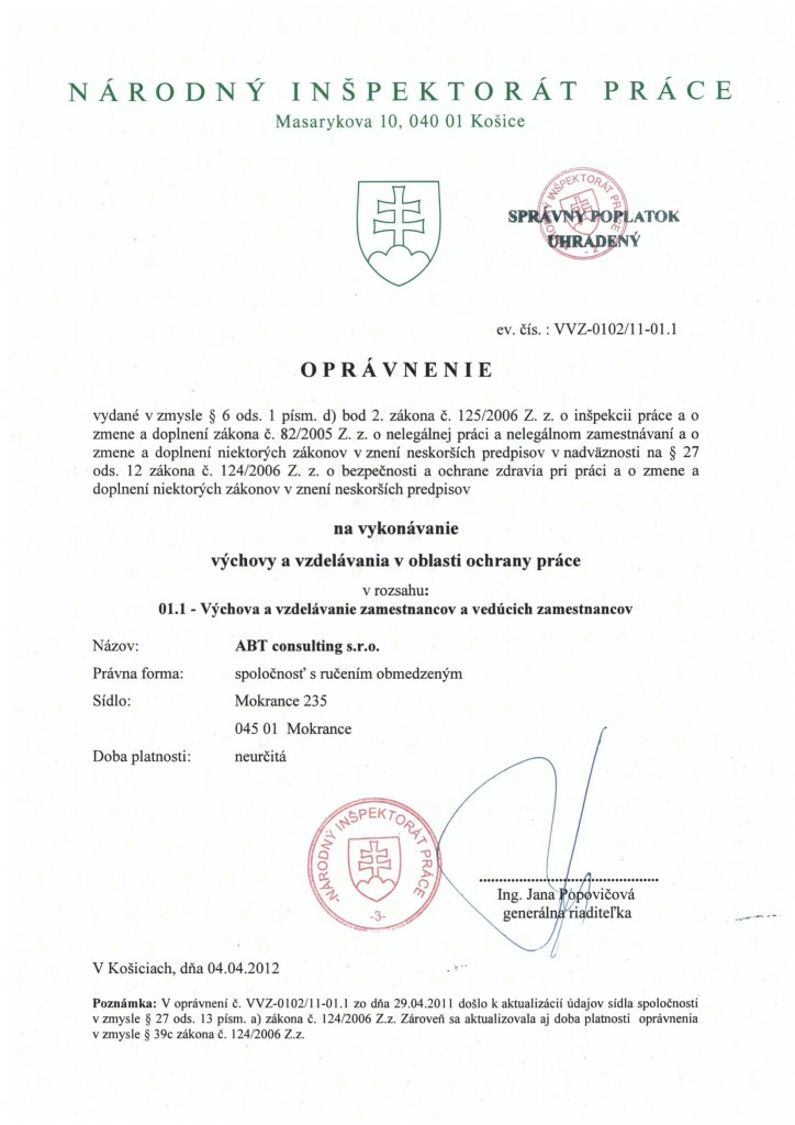 Inšpektorát práce 01.1 (výchova a vzdelávanie)