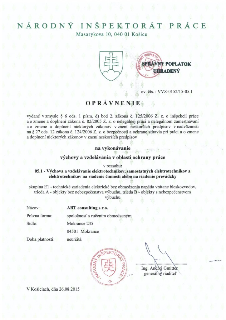 Inšpektorát práce 05.1 (elektrotechnik)