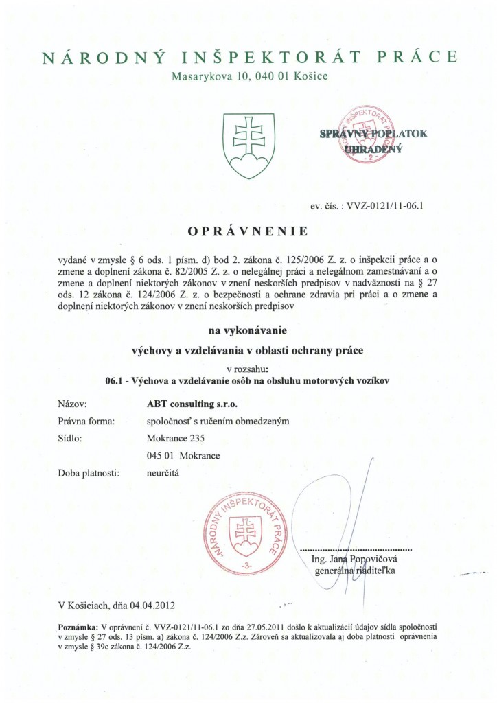 Inšpektorát práce 06.1 (obsluha motorových vozíkov)